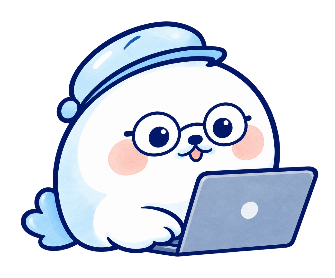 眼鏡と水色の帽子をかぶった白いアザラシのサイトキャラクター