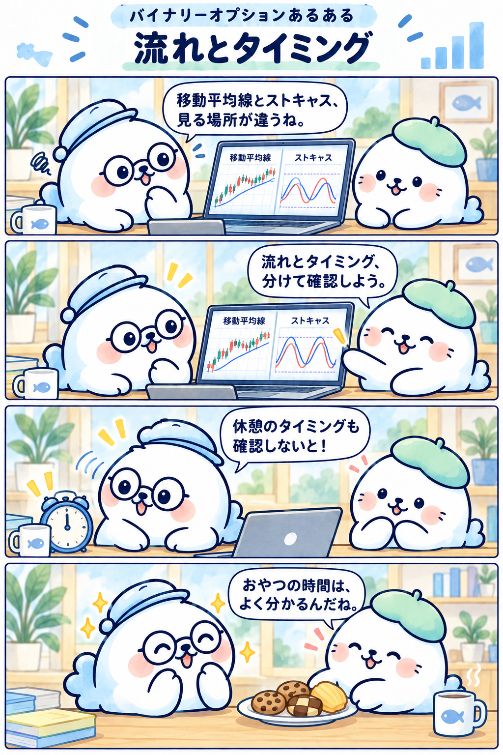 4コマ:流れとタイミング。1コマ目:移動平均線とストキャス、見る場所が違うね。 2コマ目:流れとタイミング、分けて確認しよう。 3コマ目:休憩のタイミングも確認しないと! 4コマ目:おやつの時間は、よく分かるんだね。