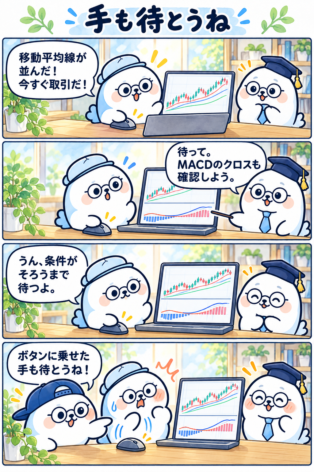 4コマ:手も待とうね。1コマ目:移動平均線が並んだ!今すぐ取引だ! 2コマ目:待って。MACDのクロスも確認しよう。 3コマ目:うん、条件がそろうまで待つよ。 4コマ目:ボタンに乗せた手も待とうね!