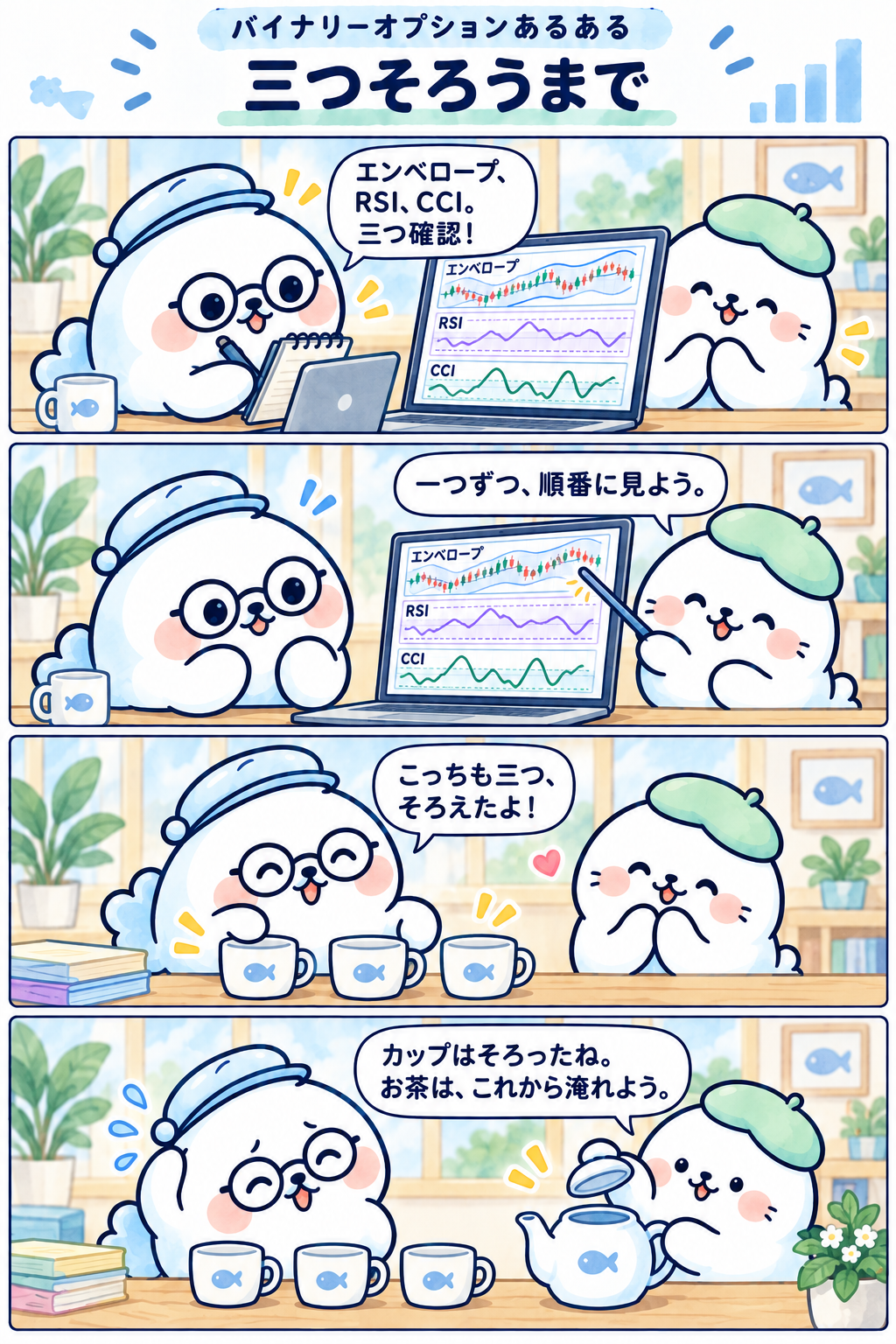 4コマ：三つそろうまで。1コマ目：エンベロープ、RSI、CCI。三つ確認！ 2コマ目：一つずつ、順番に見よう。 3コマ目：こっちも三つ、そろえたよ！ 4コマ目：カップはそろったね。お茶は、これから淹れよう。