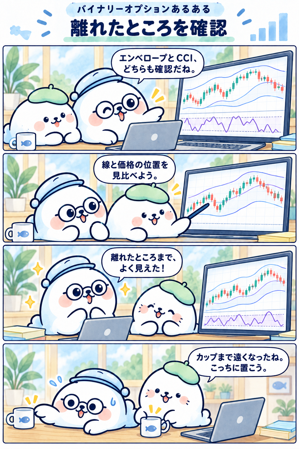 4コマ：離れたところを確認。1コマ目：エンベロープとCCI、どちらも確認だね。 2コマ目：線と価格の位置を見比べよう。 3コマ目：離れたところまで、よく見えた！ 4コマ目：カップまで遠くなったね。こっちに置こう。