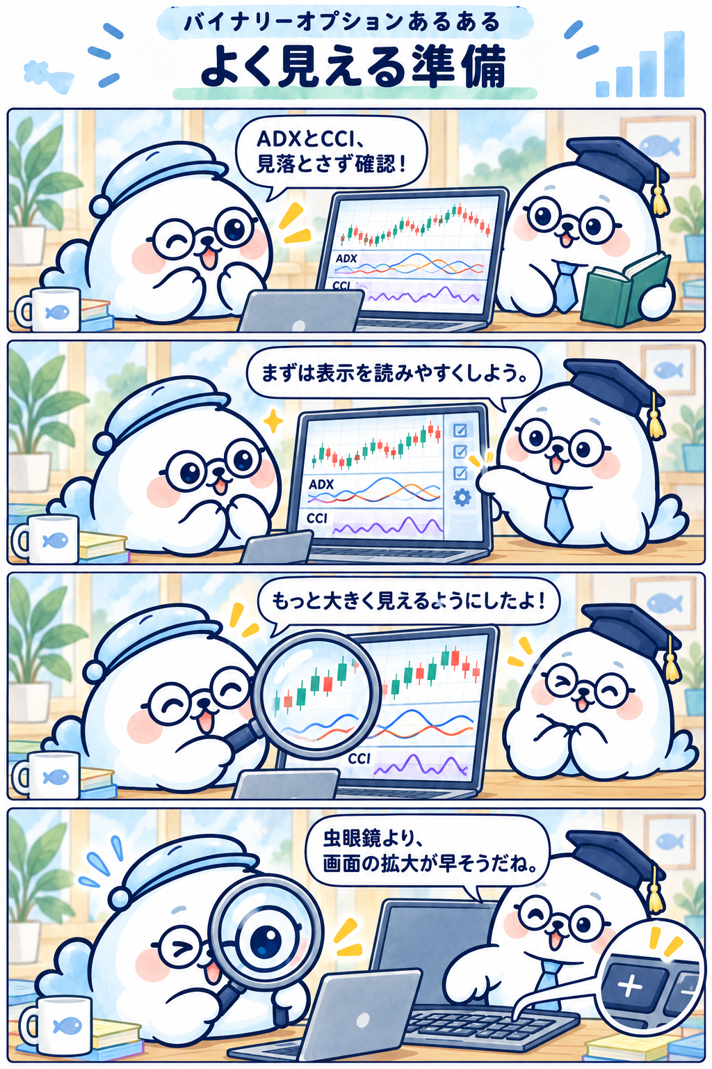 4コマ：よく見える準備。1コマ目：ADXとCCI、見落とさず確認！ 2コマ目：まずは表示を読みやすくしよう。 3コマ目：もっと大きく見えるようにしたよ！ 4コマ目：虫眼鏡より、画面の拡大が早そうだね。
