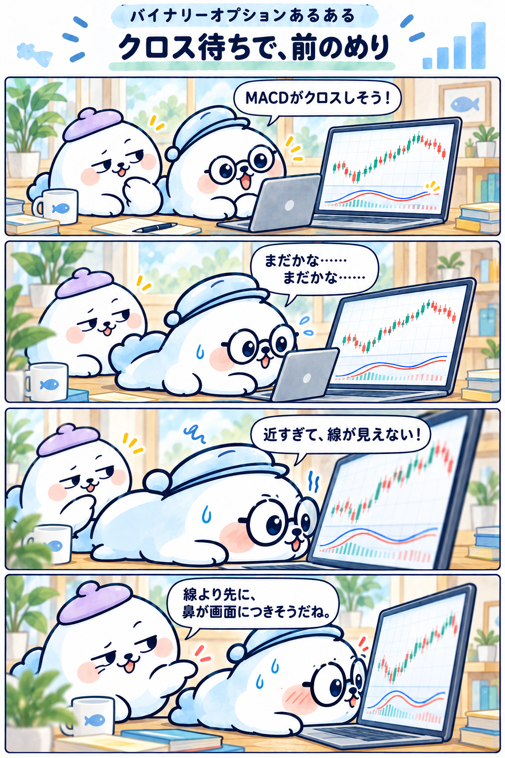 4コマ：クロス待ちで、前のめり。1コマ目：MACDがクロスしそう！ 2コマ目：まだかな……まだかな…… 3コマ目：近すぎて、線が見えない！ 4コマ目：線より先に、鼻が画面につきそうだね。