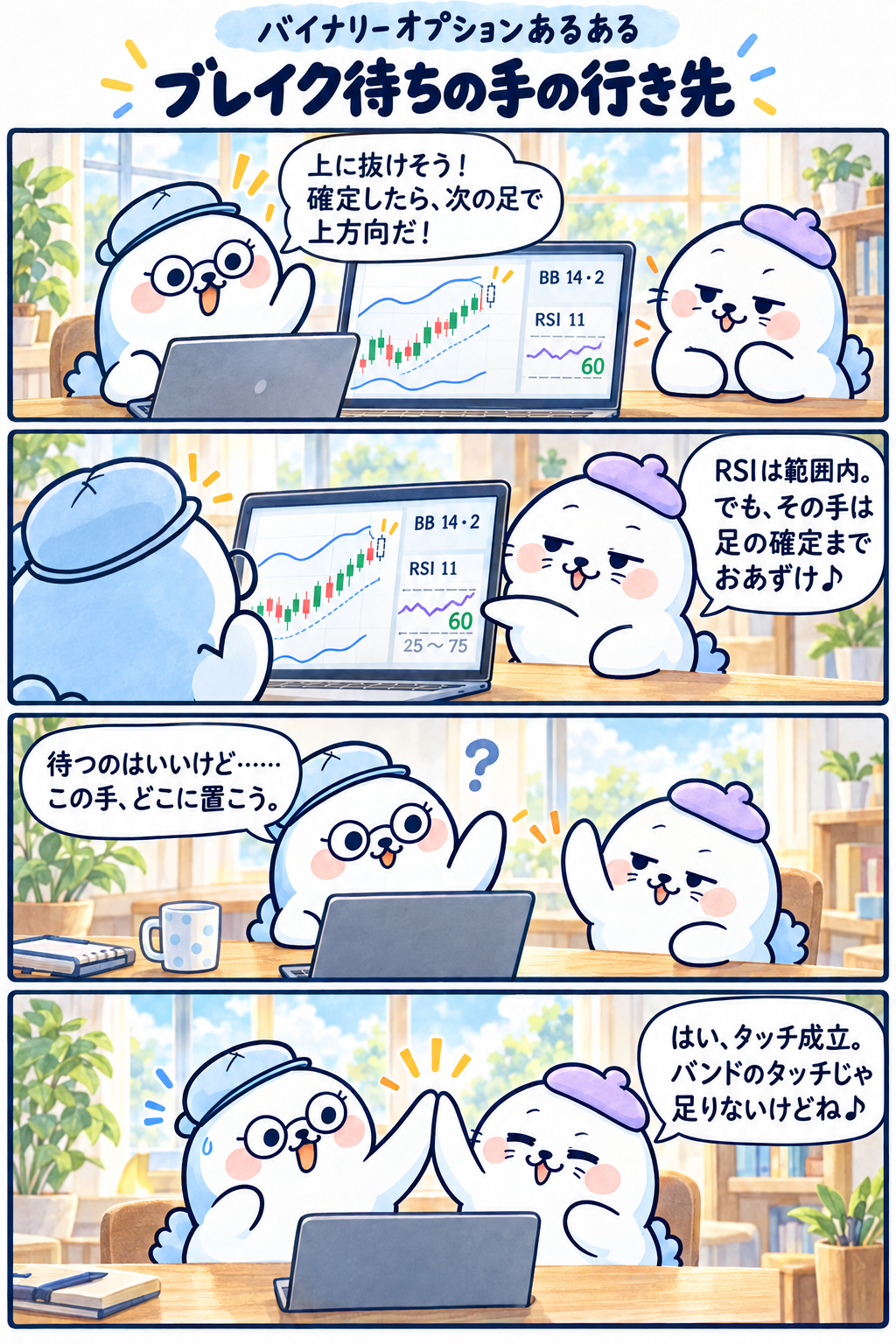 4コマ:ブレイク待ちの手の行き先。1コマ目:上に抜けそう!確定したら、次の足で上方向だ! 2コマ目:RSIは範囲内。でも、その手は足の確定までおあずけ♪ 3コマ目:待つのはいいけど……この手、どこに置こう。 4コマ目:はい、タッチ成立。バンドのタッチじゃ足りないけどね♪