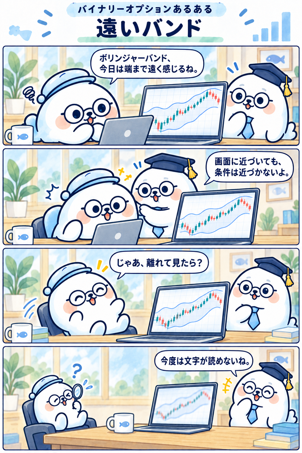 4コマ:遠いバンド。1コマ目:ボリンジャーバンド、今日は端まで遠く感じるね。 2コマ目:画面に近づいても、条件は近づかないよ。 3コマ目:じゃあ、離れて見たら? 4コマ目:今度は文字が読めないね。