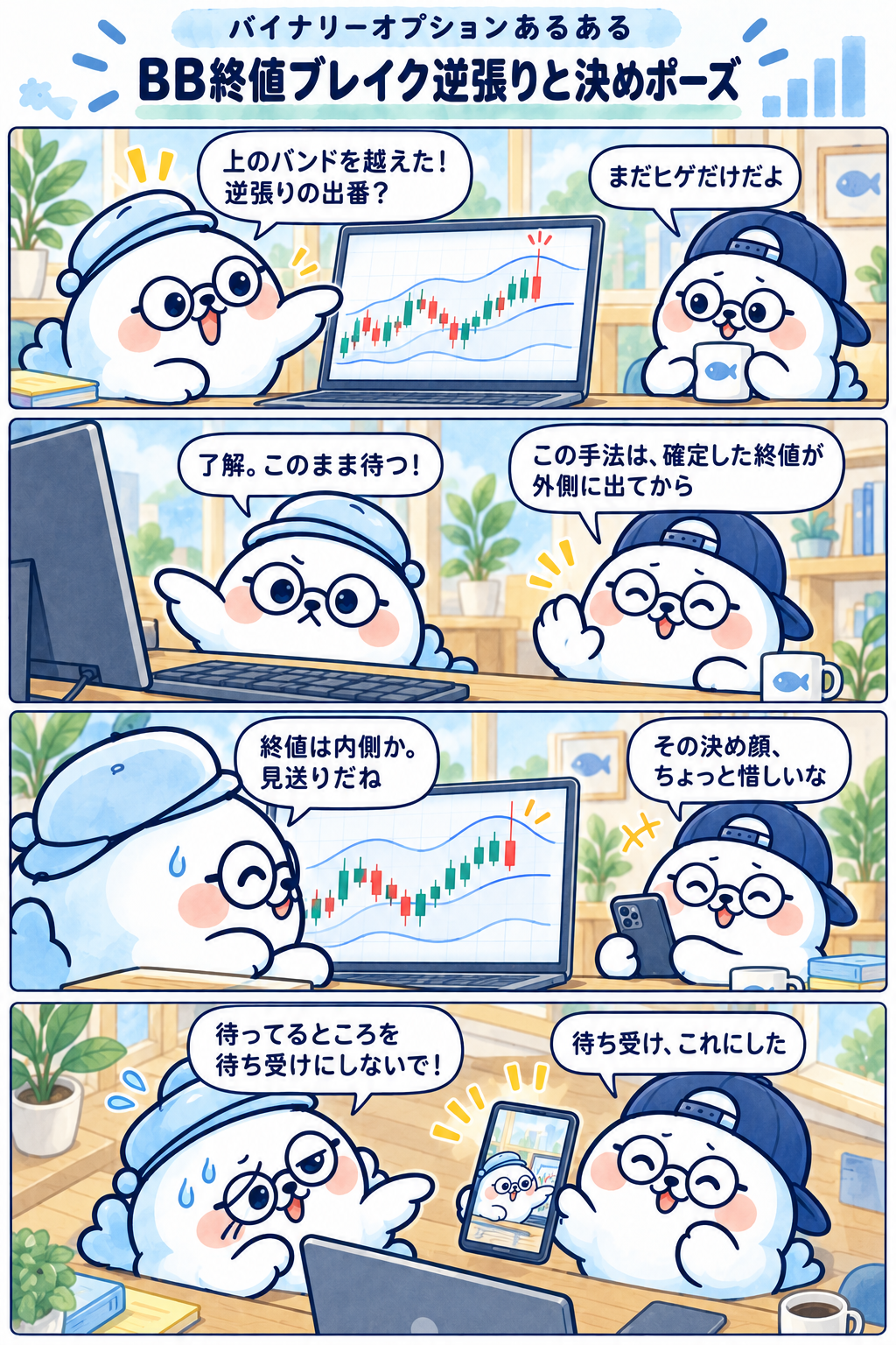 4コマ:BB終値ブレイク逆張りと決めポーズ。1コマ目:「上のバンドを越えた!逆張りの出番?」
「まだヒゲだけだよ」 2コマ目:「この手法は、確定した終値が外側に出てから」
「了解。このまま待つ!」 3コマ目:「終値は内側か。見送りだね」
「その決め顔、ちょっと惜しいな」 4コマ目:「待ち受け、これにした」
「待ってるところを待ち受けにしないで!」