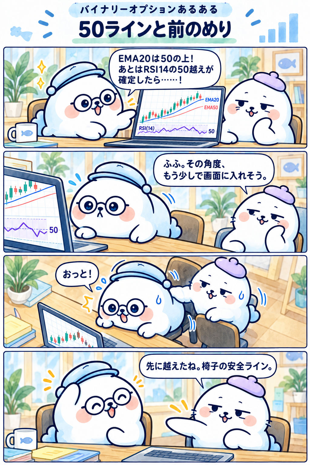 4コマ：50ラインと前のめり。1コマ目：EMA20は50の上！ あとはRSI14の50越えが確定したら……！ 2コマ目：ふふ。その角度、もう少しで画面に入れそう。 3コマ目：おっと！ 4コマ目：先に越えたね。椅子の安全ライン。
