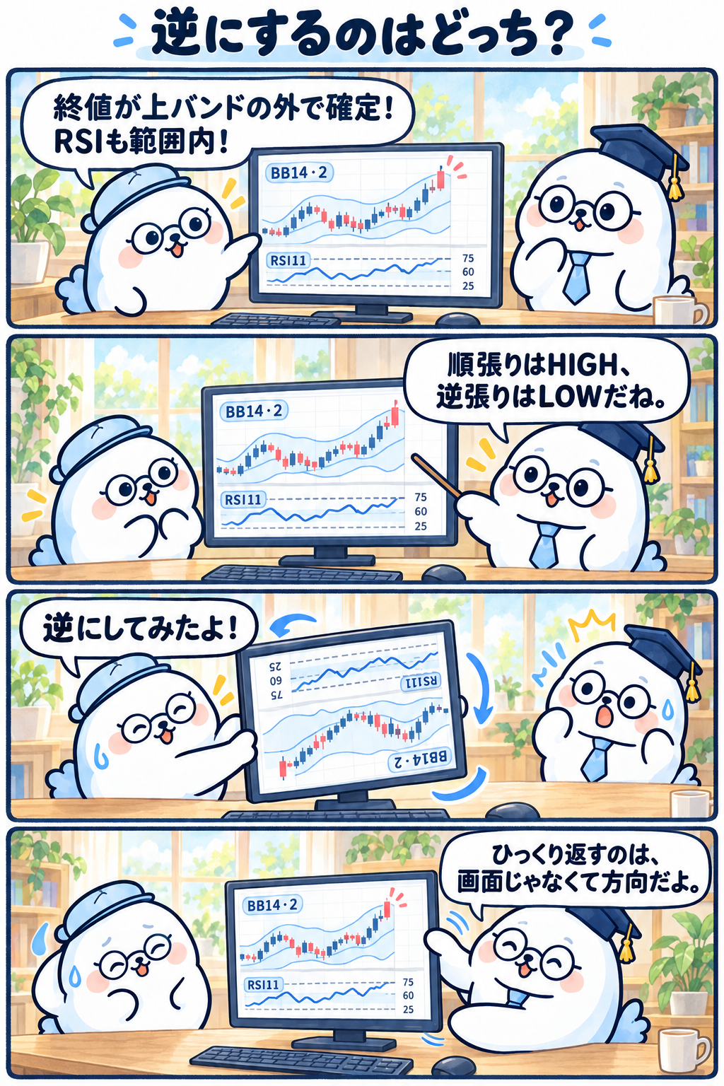 4コマ：逆にするのはどっち？。1コマ目：終値が上バンドの外で確定！RSIも範囲内！ 2コマ目：順張りはHIGH、逆張りはLOWだね。 3コマ目：逆にしてみたよ！ 4コマ目：ひっくり返すのは、画面じゃなくて方向だよ。