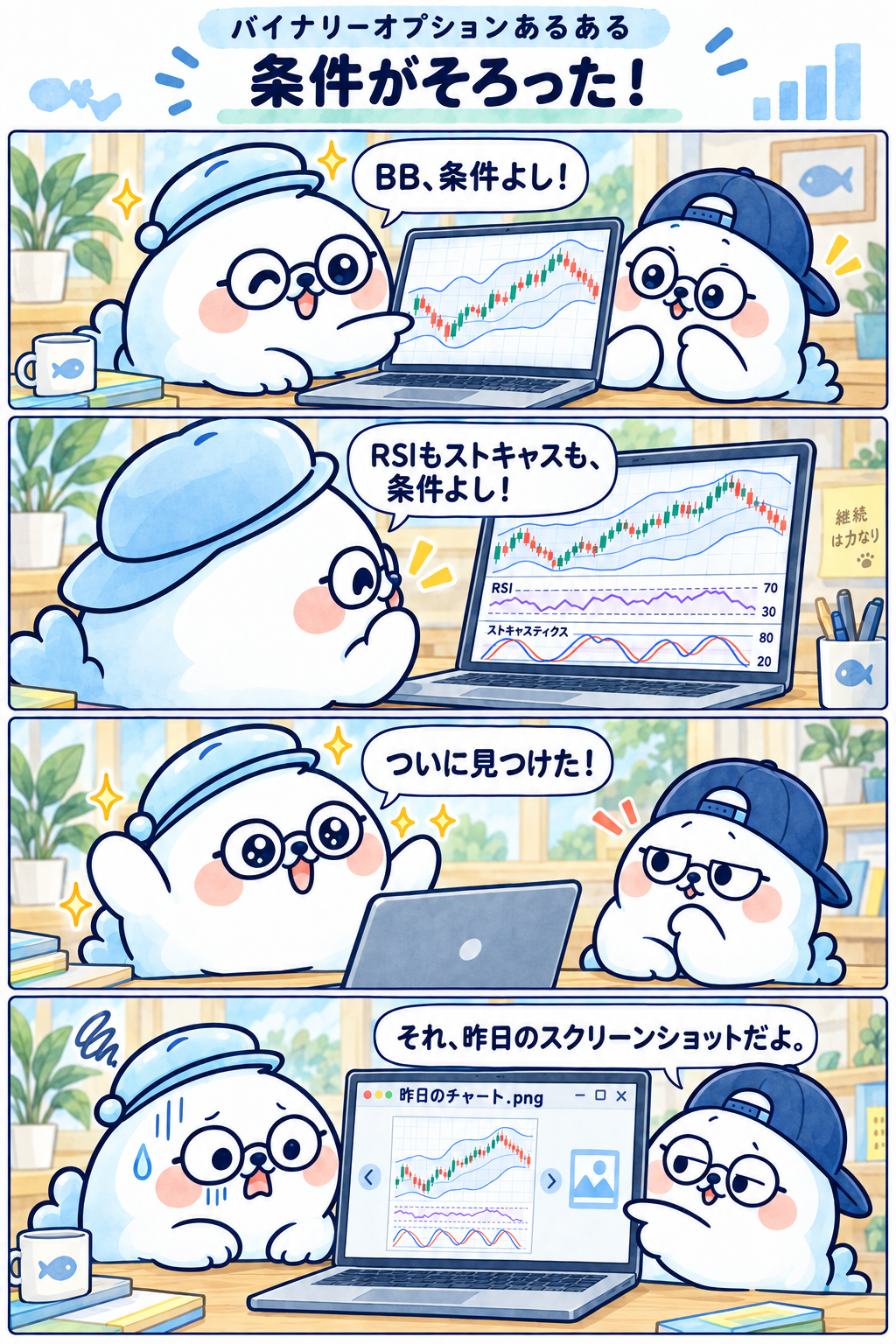 4コマ:条件がそろった!。1コマ目:BB、条件よし! 2コマ目:RSIもストキャスも、条件よし! 3コマ目:ついに見つけた! 4コマ目:それ、昨日のスクリーンショットだよ。