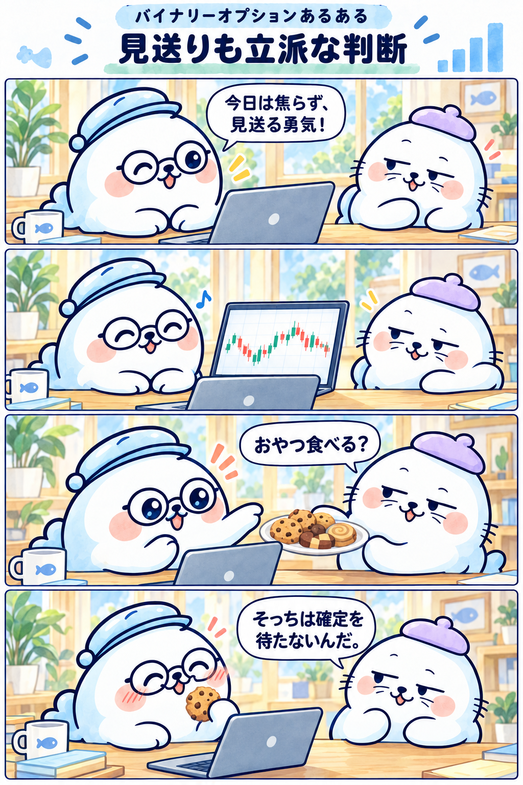 4コマ:見送りも立派な判断。1コマ目:今日は焦らず、見送る勇気! 2コマ目:無言 3コマ目:おやつ食べる? 4コマ目:そっちは確定を待たないんだ。