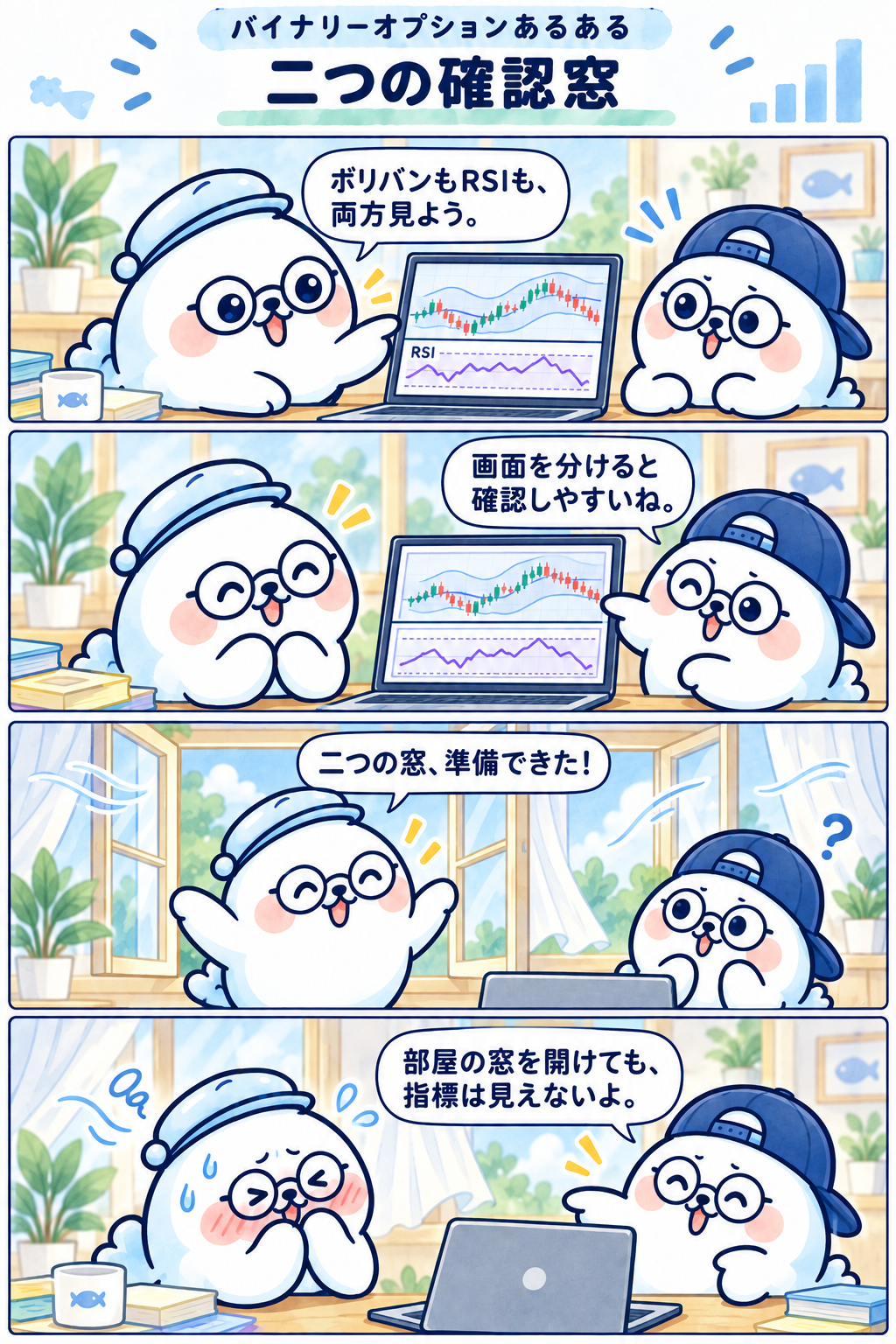 4コマ:二つの確認窓。1コマ目:ボリバンもRSIも、両方見よう。 2コマ目:画面を分けると確認しやすいね。 3コマ目:二つの窓、準備できた! 4コマ目:部屋の窓を開けても、指標は見えないよ。