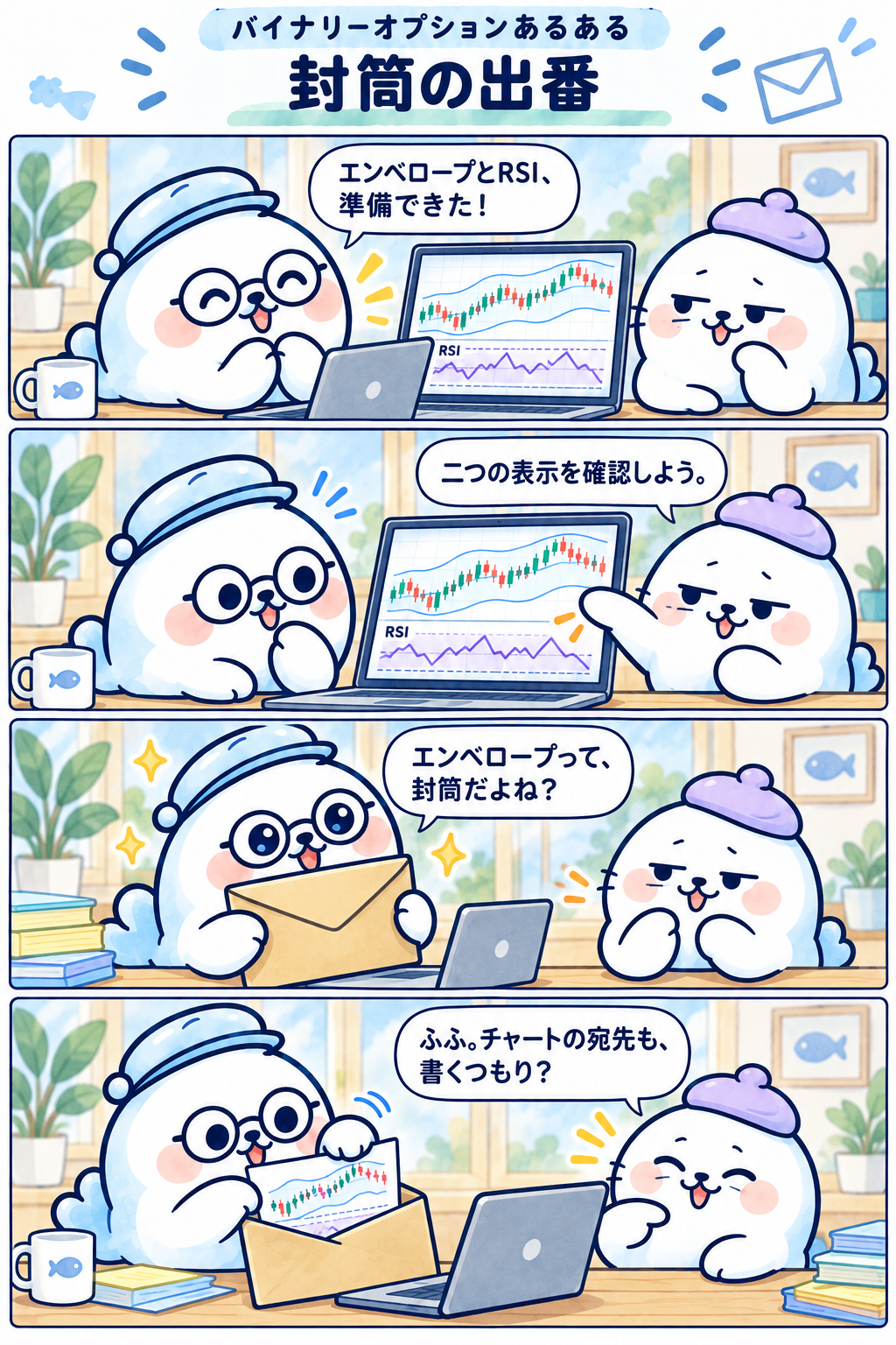 4コマ:封筒の出番。1コマ目:エンベロープとRSI、準備できた! 2コマ目:二つの表示を確認しよう。 3コマ目:エンベロープって、封筒だよね? 4コマ目:ふふ。チャートの宛先も、書くつもり?