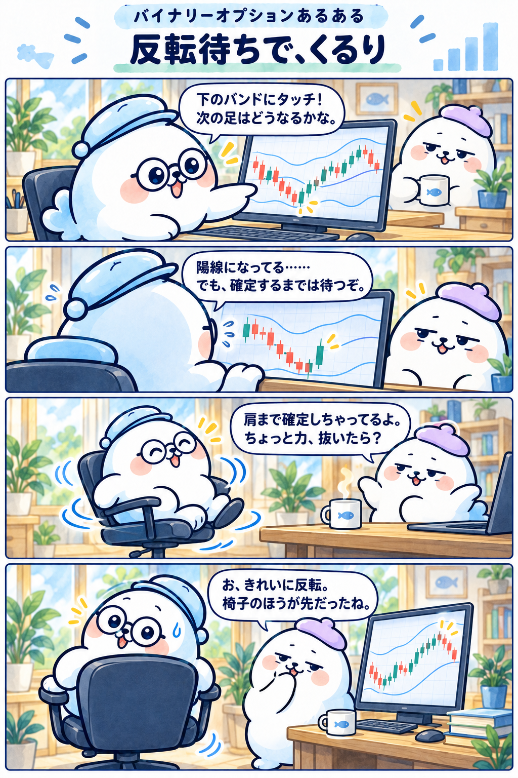 4コマ:反転待ちで、くるり。1コマ目:下のバンドにタッチ!次の足はどうなるかな。 2コマ目:陽線になってる……でも、確定するまでは待つぞ。 3コマ目:肩まで確定しちゃってるよ。ちょっと力、抜いたら? 4コマ目:お、きれいに反転。椅子のほうが先だったね。