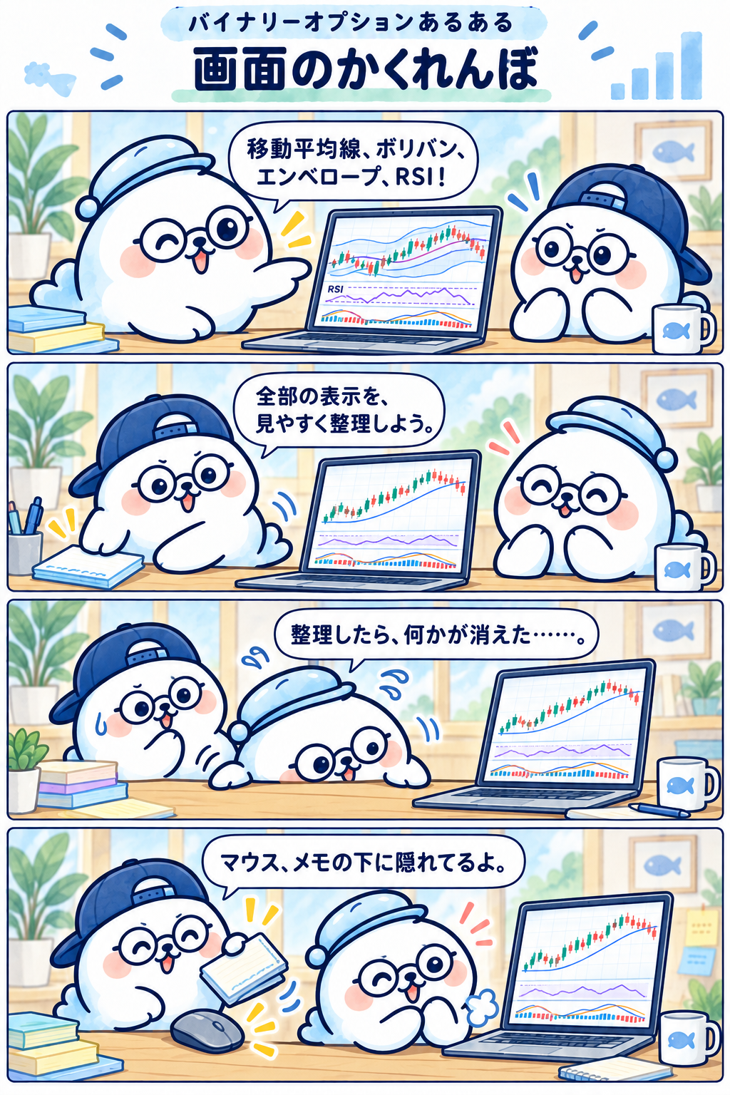 4コマ：画面のかくれんぼ。1コマ目：移動平均線、ボリバン、エンベロープ、RSI！ 2コマ目：全部の表示を、見やすく整理しよう。 3コマ目：整理したら、何かが消えた……。 4コマ目：マウス、メモの下に隠れてるよ。